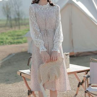Long-sleeve Mock Two-piece Flower Print Dress Pink - One Size
