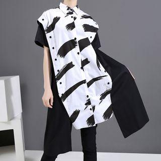 Short-sleeve Irregular Print Long Shirt White - One Size