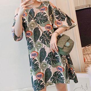 Leaf Print Cold-shoulder A-line Dress