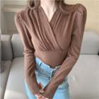Puff-sleeve Ribbed Knit Top Coffee - One Size