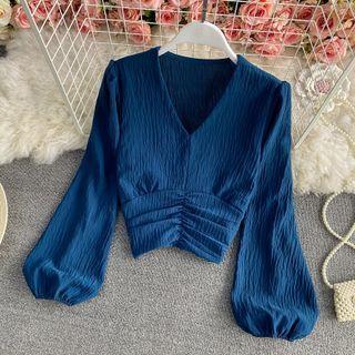 Plain V-neck Puff Sleeve Chiffon Blouse
