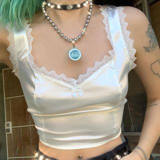 Silky Lace Trim Cropped Tank Top