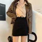 Long-sleeve Leather Jacket / Oversize Lapel Shirt / High-waist Black Skirt