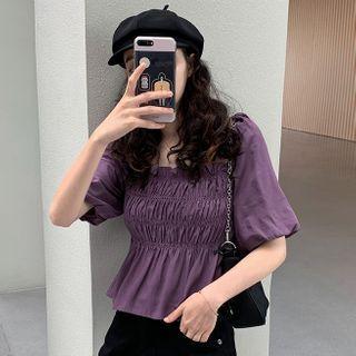 Short-sleeve Square-neck Crinkled Blouse