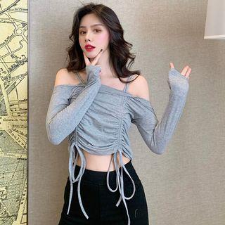 Drawstring Cold Shoulder Long-sleeve Crop Top
