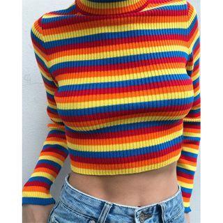 Striped Long-sleeve Knit Top Sweater - Red & Orange & Yellow & Blue - One Size