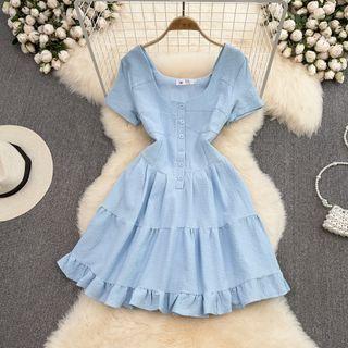 Short Sleeve U-neck Ruffle A-line Dress