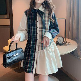 Tie-neck Plaid Mini A-line Shirtdress Almond - One Size