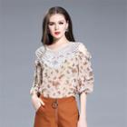 Cutout Shoulder Panel Printed Chiffon Top