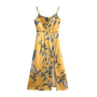 Spaghetti Strap Leaf Print Slit Midi A-line Dress