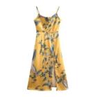 Spaghetti Strap Leaf Print Slit Midi A-line Dress