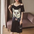 Cat Print Cut Out Shoulder Short Sleeve T-shirt Dress