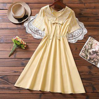 Asymmetrical Short-sleeve Plaid Panel A-line Dress