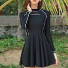 Set: Long-sleeve Lettering Swimdress + Swim Shorts