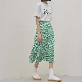 Flower-pattern Midi Flare Skirt Green - One Size