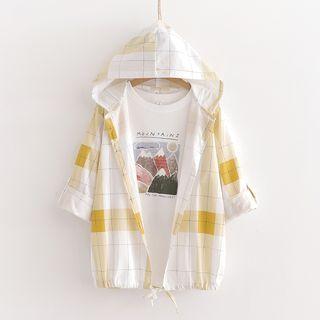 Plaid Hooded Button Jacket Light Yellow - One Size