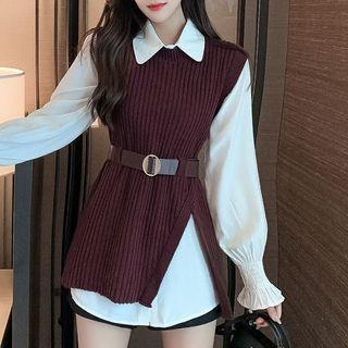 Set Of 2: Long-sleeve Plain Loose Fit Shirt & Sleeveless Plain Slit Knit Vest / Long-sleeve Plain Loose Fit Shirt