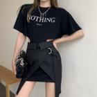 Short-sleeve Lettering Cut-out Mini T-shirt Dress / Asymmetrical Mini Skirt