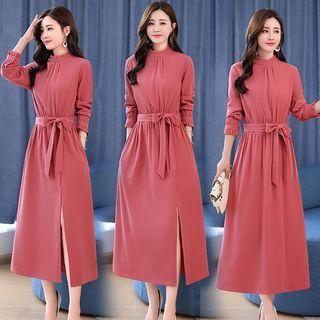 Long-sleeve Frill Collar Midi A-line Chiffon Dress