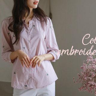 Embroidered Flower Pattern Pinstripe Shirt