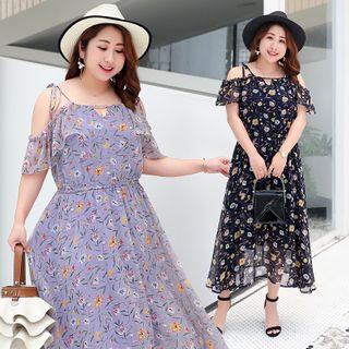 Cutaway-shoulder Floral Chiffon Dress