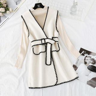 Set: Mock Neck Knit Top + Sleeveless Tie-waist Dress