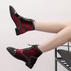 Square-toe Studded Lace-up Velvet Short Boots