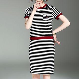 Set: Striped Short Sleeve T-shirt + Side Slit A-line Skirt