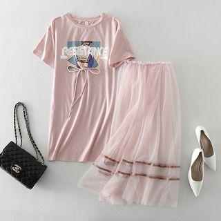 Set: Short-sleeve Print Mini T-shirt Dress + Mesh Midi Skirt