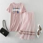 Set: Short-sleeve Print Mini T-shirt Dress + Mesh Midi Skirt