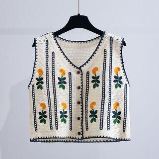 Floral Button-up Sweater Vest Floral - Off-white - One Size