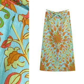 Lace Up Print Midi Skirt