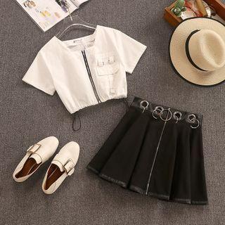 Set: Zip Detail Short-sleeve Blouse + Mini A-line Skirt