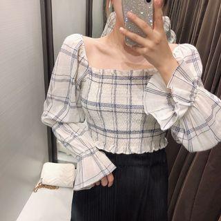 Bell-sleeve Plaid Smocked Top