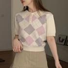 Short-sleeve Argyle Knit Polo Shirt