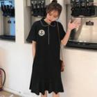 Embroidered Short-sleeve Ruffle-hem Midi Polo Dress