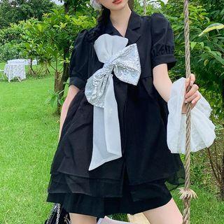 Short-sleeve Bow Front Mesh A-line Dress