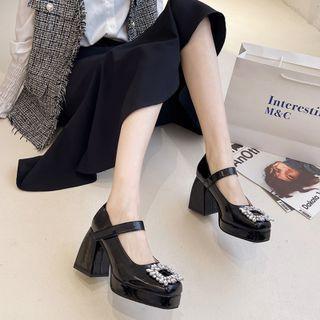 Faux Pearl Buckled Block Heel Platform Mary Jane Shoes