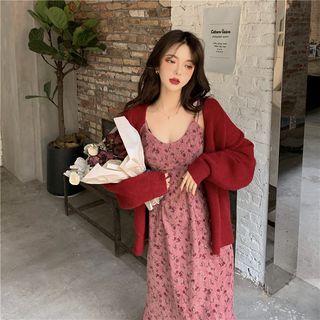 Plain Cardigan / Spaghetti Strap Floral Print Midi A-line Dress