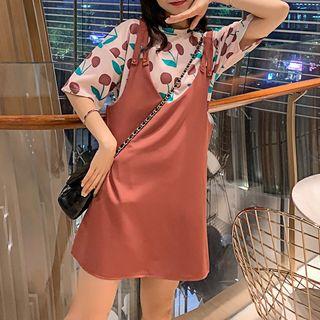 Set: Elbow-sleeve Cherry Print T-shirt + Strappy Mini Dress