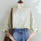 Elbow-sleeve V-neck Striped Blouse Stripe - Green - One Size