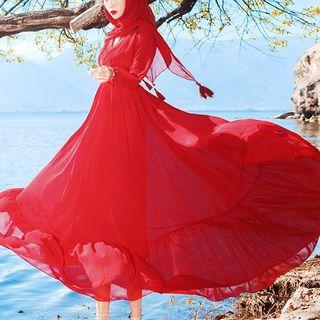 Beaded Long-sleeve Midi A-line Dress