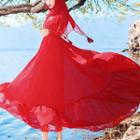Beaded Long-sleeve Midi A-line Dress