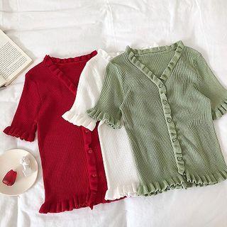 Plain V-neck Ruffled-trim Short-sleeve Knit Top