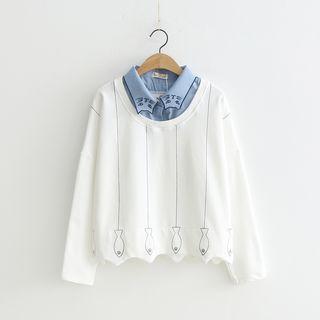 Mock Two-piece Long-sleeve Top White - One Size