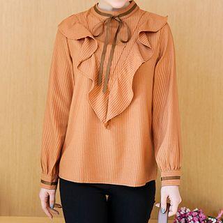 Striped Ruffle Trim Tie-neck Blouse
