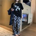 Short Sleeve Dog Print T-shirt / Dog Print Wide-leg Pants