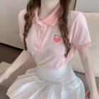 Short-sleeve Peach Embroidered Polo Shirt / Pleated A-line Skirt