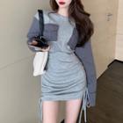Round-neck Two Tone Pocket Drawstring Mini Dress