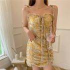 Spaghetti Strap Flower Print Mini Sheath Dress Yellow - One Size